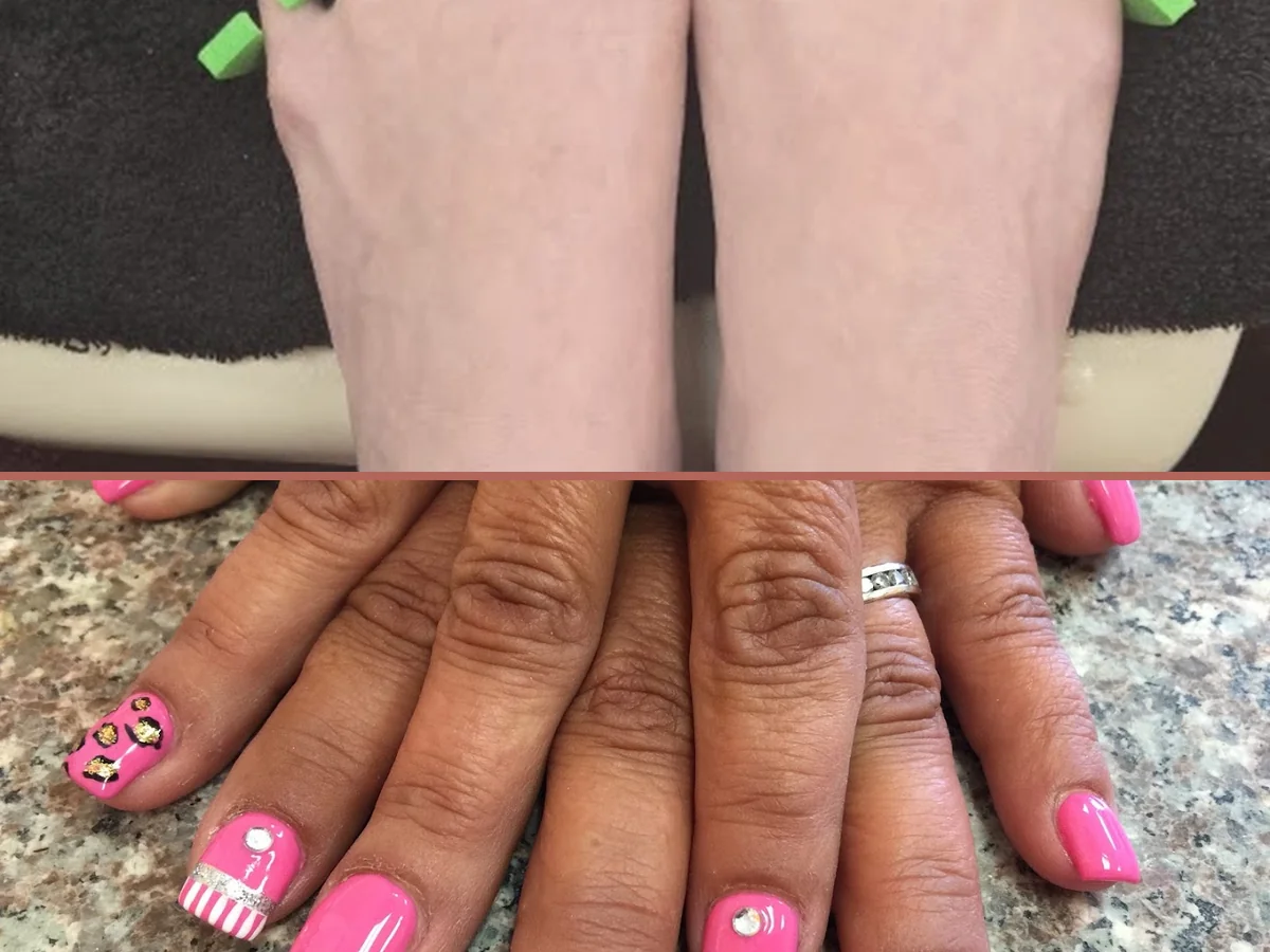 Nail technician shaping a fresh manicure.
