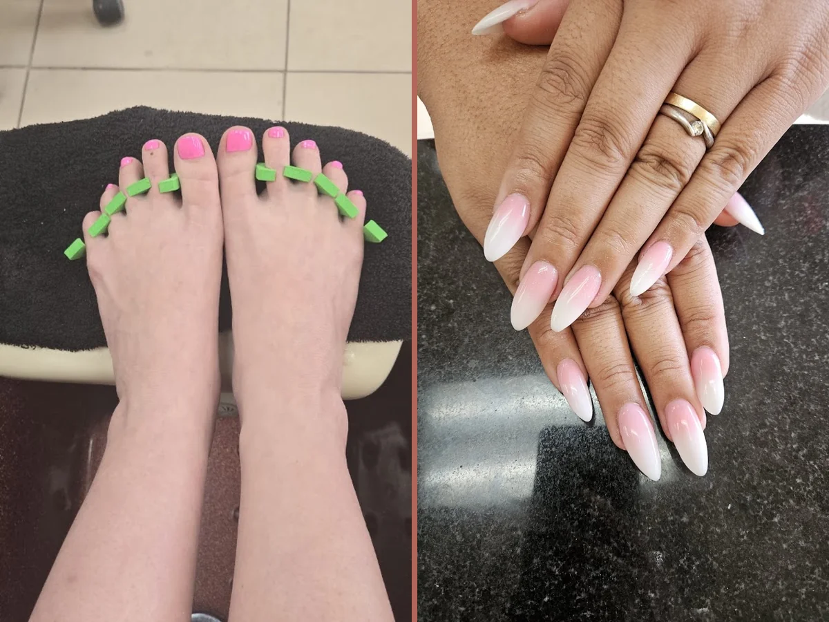 Manicured nails under soft salon lighting.