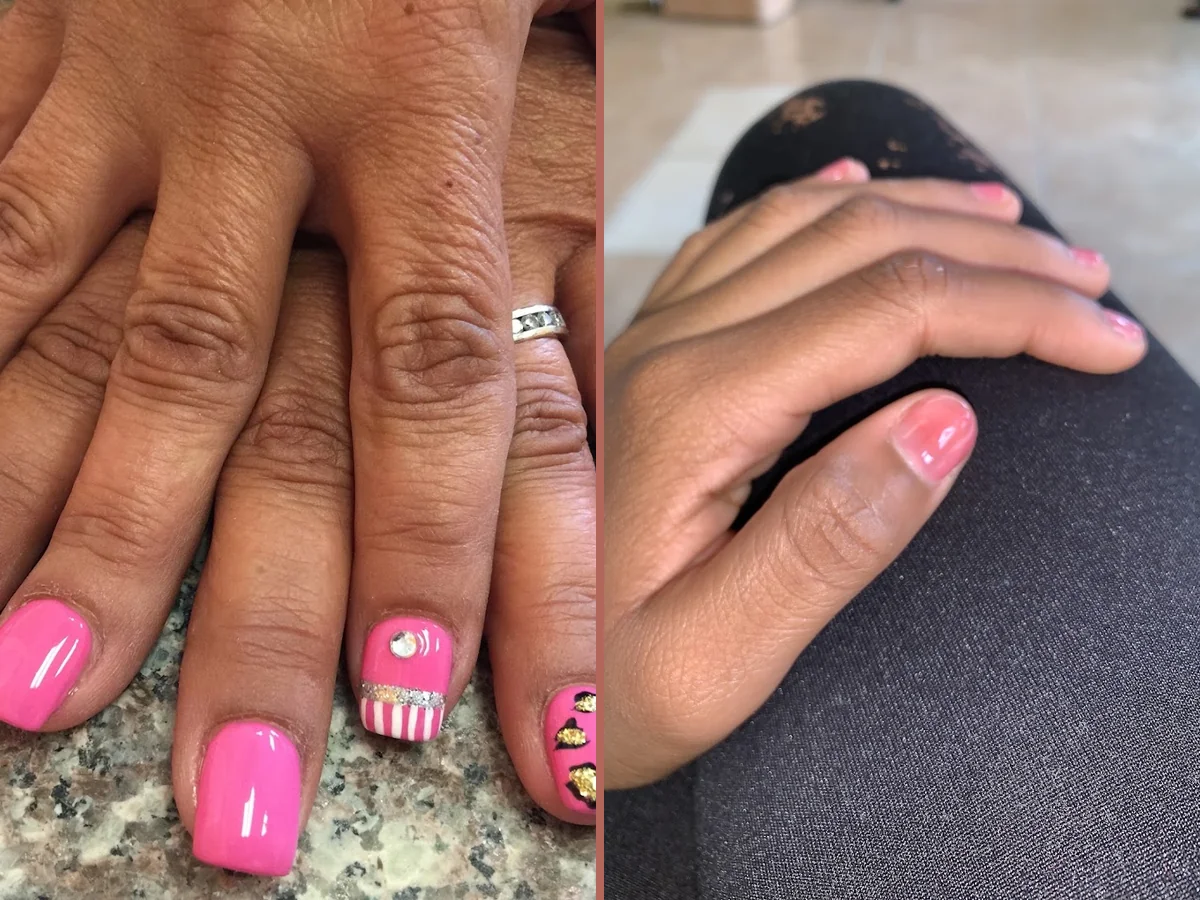 Manicured nails under soft salon lighting.