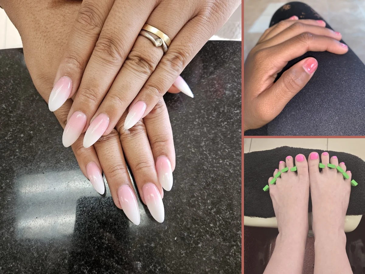 Nail technician shaping a fresh manicure.