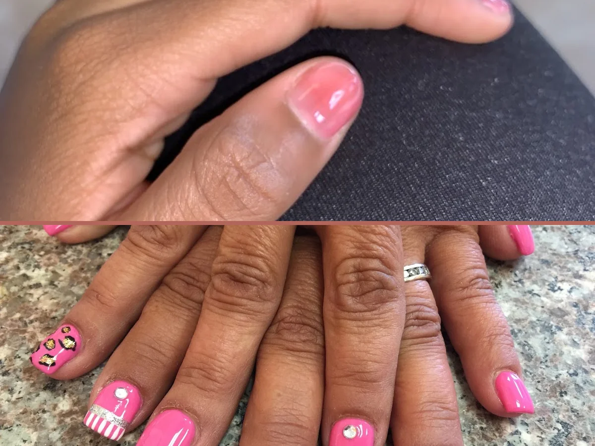 Close-up of polished nails and tools.