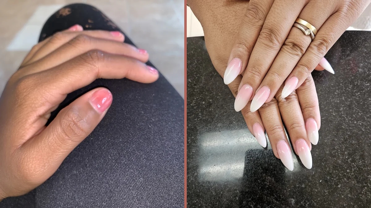 Manicured nails under soft salon lighting.